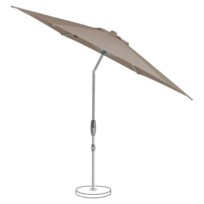 Suncomfort Marktschirm Shell-Turn - Light Taupe, Durchmesser Bespannung: 300 cm - Abgebildeter, beigefarbener Ampelschirm mit grauem Ständer und rundem, weißen Fuß für den Garten oder die Terrasse.