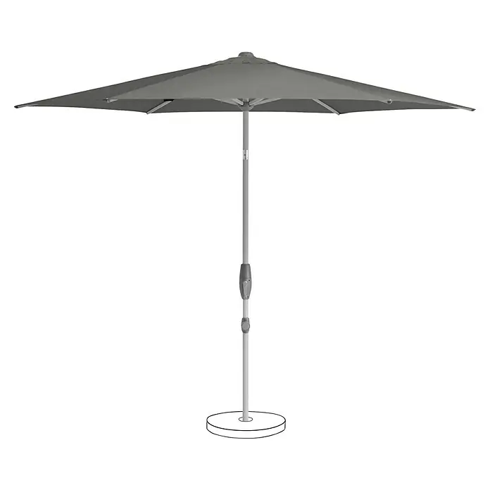 Suncomfort Marktschirm Shell-Turn - Steingrau, Durchmesser Bespannung: 300 cm - Bild eines grauen Sonnenschirms mit einem stabilen Ständer, ideal für den Außenbereich, um Schatten zu spenden.