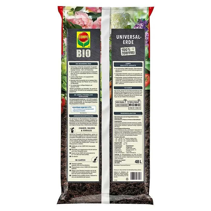 Compo Bio Universalerde - 48 l, Torffrei - Ein 48-Liter-Beutel COMPO BIO 100% torffreie Universalerde mit Pflanzenabbildungen und deutschem Text.