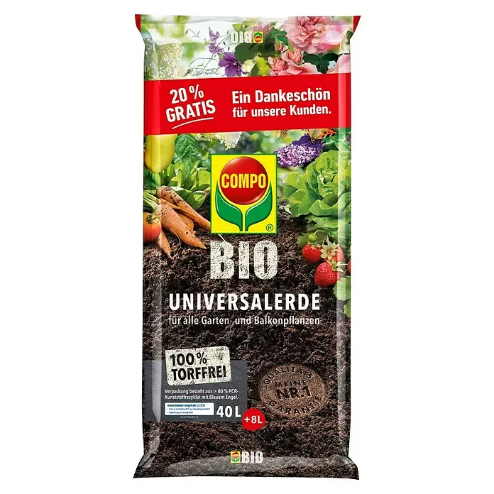 Compo Bio Universalerde - 48 l, Torffrei - COMPO BIO Universalerde Beutel, torffrei, 40L + 8L. Verpackung mit Pflanzenmotiven.