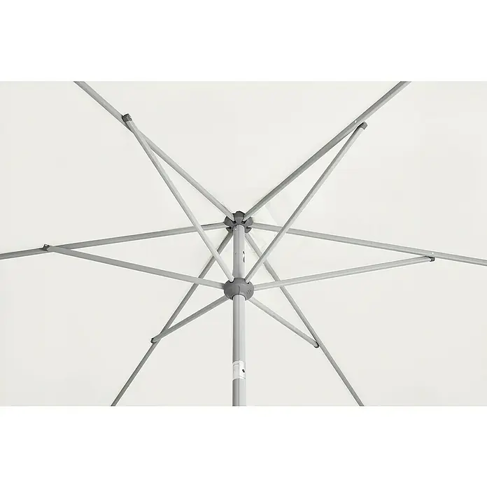 Suncomfort Marktschirm Shell-Turn - Ecru, Durchmesser Bespannung: 300 cm - Nahaufnahme eines weißen Sonnenschirms, der die Konstruktion mit Streben und zentralem Mast zeigt.\n