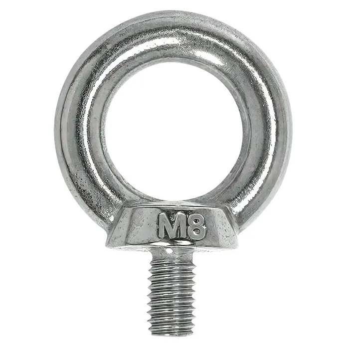 Marinetech Ringschraube - Durchmesser: 6 mm, Länge: 80 mm, M 6, Edelstahl, A4 - Detailaufnahme einer glänzenden, silberfarbenen Ringschraube mit Gewinde und der Aufschrift "M8".