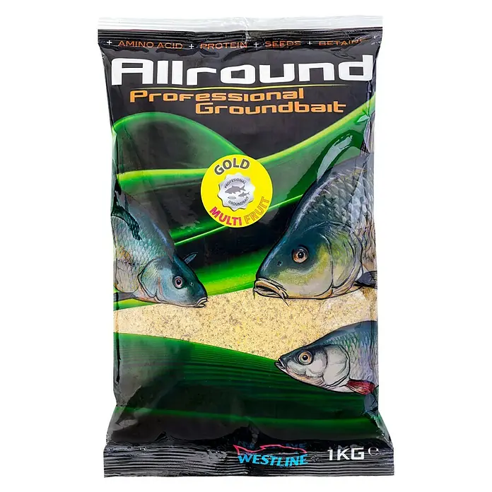 Westline Futter Brown - 1 kg - Eine Packung Allround Professional Groundbait Fischfutter mit Multi-Frucht Geschmack, inklusive Abbildungen von Fischen.