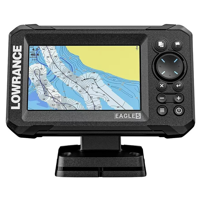 Lowrance Fishfinder & Kartenplotter Eagle 5 - Geber: 83/200 HDI-Geber, 5″/127 mm IPS - Lowrance Eagle 5 Fischfinder mit schwarzem, texturiertem Gehäuse, der eine Karte auf seinem Bildschirm anzeigt, sowie Bedientasten und ein Steuerkreuz besitzt.