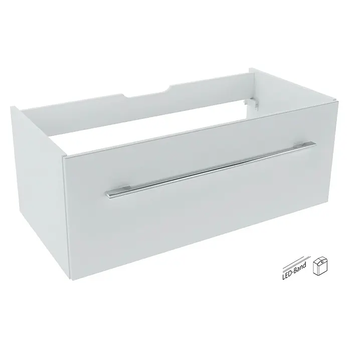 Camargue Stella Waschtischunterschrank - 99,4 x 48,8 x 39 cm, Mit Beleuchtung, Weiß - Bild eines weißen Waschtischunterschranks mit einer horizontalen Stange als Griff. Verfügt über LED-Band für zusätzliche Beleuchtung.