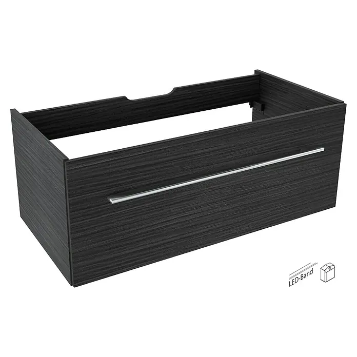 Camargue Stella Waschtischunterschrank - 99,4 x 48,8 x 39 cm, Mit Beleuchtung, Dark Oak - Das Bild zeigt einen modernen Waschtischunterschrank in dunkler Holzoptik mit einem silbernen Griff. Der Schrank ist ohne Waschbecken dargestellt.