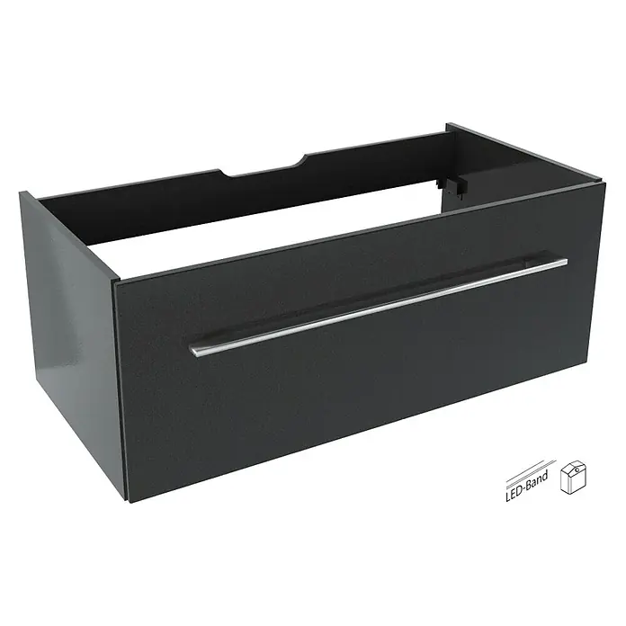Camargue Stella Waschtischunterschrank - 99,4 x 48,8 x 39 cm, Mit Beleuchtung, Grafit - Nahaufnahme eines modernen, schwarzen Waschtischunterschranks mit einem eleganten, horizontalen Griff.