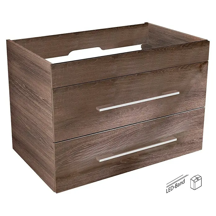 Camargue Stella Badmöbel-Set G82E22 - Gesamtbreite Badmöbel: 80 cm, Eiche Maron, Matt, 3 -tlg. - Waschbeckenunterschrank mit zwei Schubladen und Griffen, ideal für moderne Badezimmer.