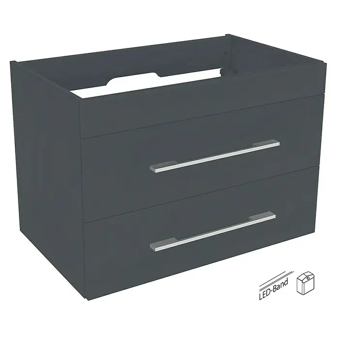 Camargue Stella Waschtischunterschrank - 79,4 x 48,8 x 55 cm, Mit Beleuchtung, Grafit - Grauer Waschtischunterschrank mit zwei Schubladen und silbernen Griffen für das Badezimmer.