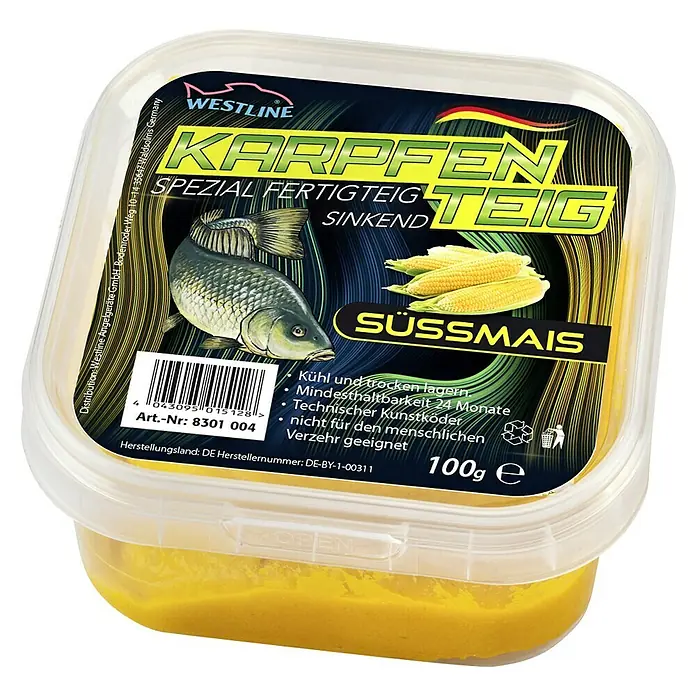 Westline Karpfenteig - Süßmais, 130 g, Dose - Karpfen Spezial Fertigteig Süssmais von Westline. Ideal zum Angeln, mit süssem Maisgeschmack.