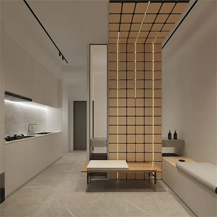 Sonido Akustikpaneel Quadrum - New Light Oak, L x B x S: 600 x 585 x 18 mm, 4 Stk. - Elegantes Interieur mit minimalistischer Küche, stilvollem Sitzbereich und dekorativem Raumteiler mit integrierter Beleuchtung.
