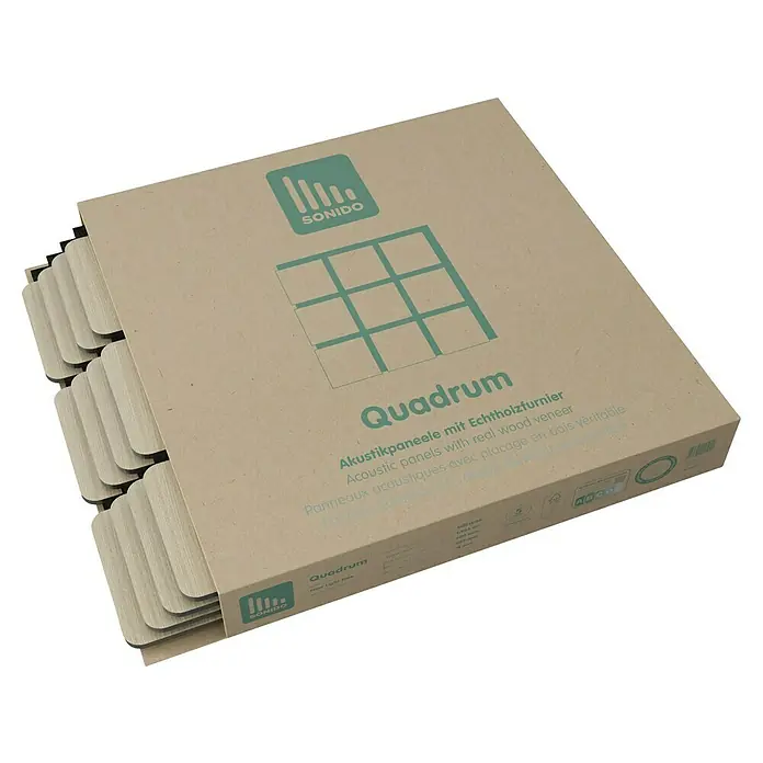 Sonido Akustikpaneel Quadrum - New Light Oak, L x B x S: 600 x 585 x 18 mm, 4 Stk. - Quadrum Akustikpaneele in einer Verpackung. Echtholzfurnier für verbesserte Raumakustik.