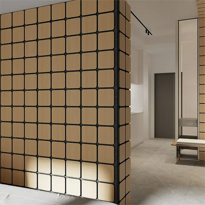 Sonido Akustikpaneel Quadrum - New Light Oak, L x B x S: 600 x 585 x 18 mm, 4 Stk. - Ein dekoratives Paneel aus quadratischen Holzmodulen mit dunklen Fugen, das als Raumteiler dient und einen modernen Akzent setzt.