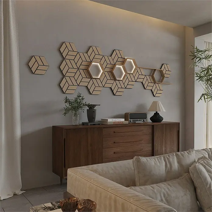 Sonido Akustikpaneel Single Hexagon - New Light Oak, L x B x S: 300 x 260 x 18 mm, 6 Stk. - Wanddekoration mit sechseckigen Holzelementen und LED-Akzenten über einer Kommode im Wohnzimmer.