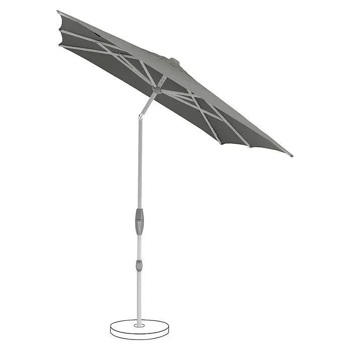 Suncomfort Marktschirm Shell-Turn - Steingrau, Bespannungsmaß (L x B): 250 x 200 cm - Ein grauer Ampelschirm mit einem runden, weißen Schirmständer. Der Schirm ist leicht geneigt und bietet so optimalen Sonnenschutz.