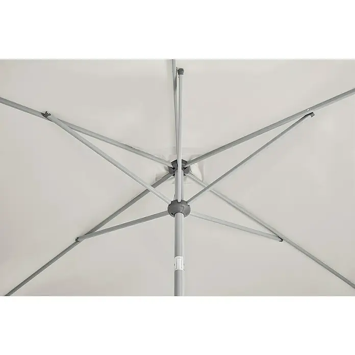 Suncomfort Marktschirm Shell-Turn - Hellgrau, Bespannungsmaß (L x B): 250 x 200 cm - Blick von unten auf einen geöffneten, weißen Sonnenschirm, dessen Metallstreben ein symmetrisches Muster bilden.