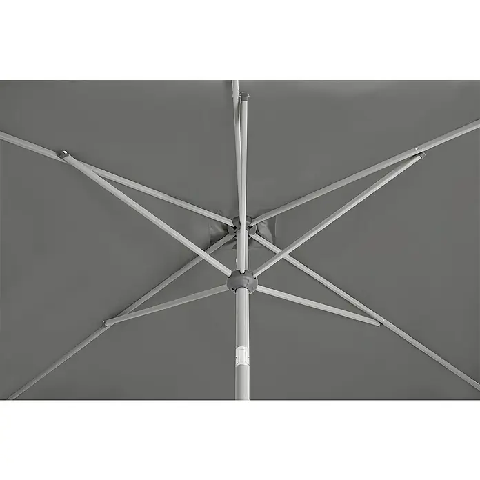 Suncomfort Marktschirm Shell-Turn - Steingrau, Bespannungsmaß (L x B): 250 x 200 cm - Nahaufnahme eines grauen Sonnenschirms, der die Struktur und das Design hervorhebt.\n