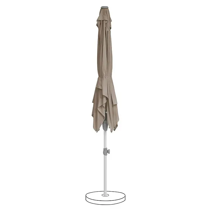 Suncomfort Marktschirm Shell-Turn - Light Taupe, Bespannungsmaß (L x B): 250 x 200 cm - Nahaufnahme eines geschlossenen, beigefarbenen Gartenschirms auf einem weißen Ständer, ideal für Schatten im Freien.