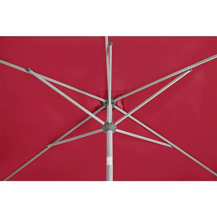 Suncomfort Marktschirm Shell-Turn - Aurora Rot, Bespannungsmaß (L x B): 250 x 200 cm - Nahaufnahme von einem geöffneten roten Sonnenschirm, der die Struktur mit dem stabilen Metallrahmen und der leuchtend roten Bespannung zeigt.