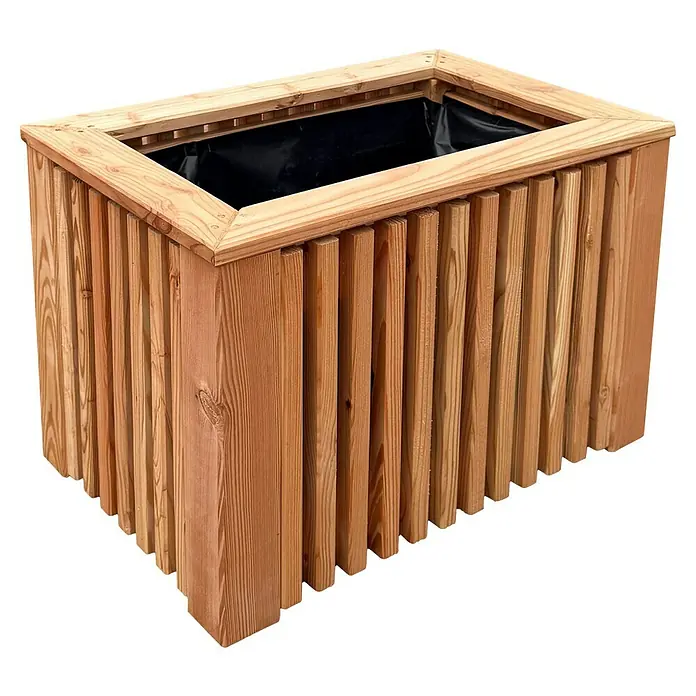 Pflanzkasten York - Außenmaß (L x B x H): 60 x 40 x 40 cm, Holz, Lärche - Der rechteckige Blumenkasten aus Holz mit Lattenmuster und schwarzem Innenfutter eignet sich perfekt für Garten und Terrasse.