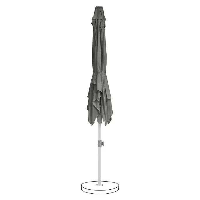 Suncomfort Marktschirm Shell-Turn - Steingrau, Bespannungsmaß (L x B): 250 x 200 cm - Geschlossener grauer Terrassenschirm mit Ständer. Der Schirm ist zusammengebunden und steht auf einem weißen Ständer.