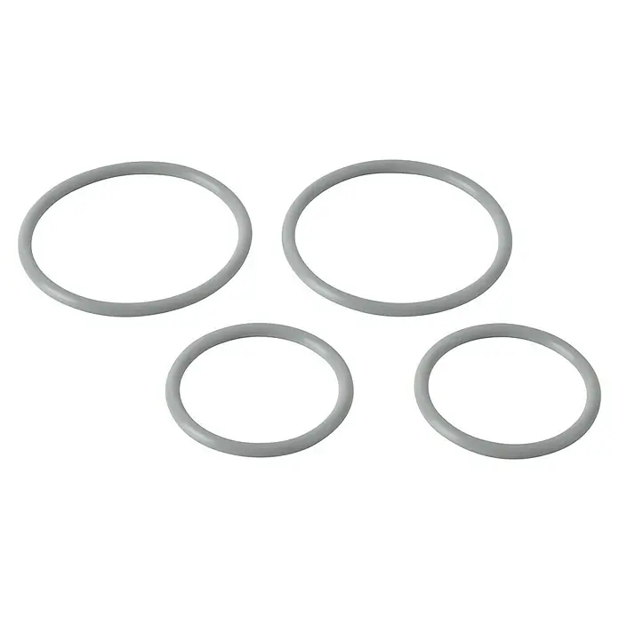 Suncomfort LED-Licht Ambience 2er Set - Passend für: Sonnenschirme - Vier graue O-Ringe in verschiedenen Positionen auf schwarzem Hintergrund. Dichtungselemente für vielfältige Anwendungen.