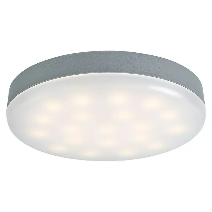 Suncomfort LED-Licht Ambience 2er Set - Passend für: Sonnenschirme - Nahaufnahme einer runden, grauen LED-Deckenleuchte, die ein sanftes, diffuses Licht ausstrahlt und sich für eine moderne Raumbeleuchtung eignet.