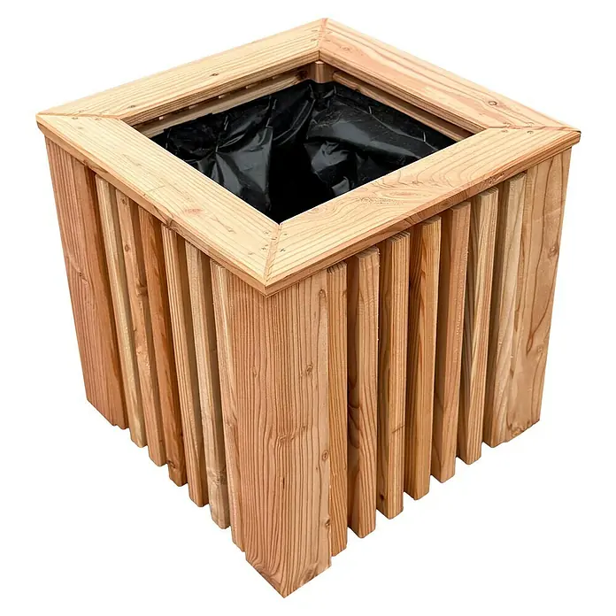Pflanzkasten York - Außenmaß (L x B x H): 40 x 40 x 40 cm, Holz, Lärche - Holzblumenkasten mit Lattenmuster und schwarzer Innenauskleidung. Perfekt für Garten und Terrasse, dieser robuste Pflanzkasten ist ein Hingucker.
