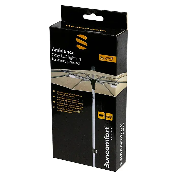 Suncomfort LED-Licht Ambience 2er Set - Passend für: Sonnenschirme - Abbildung einer Verpackung für Suncomfort LED-Leuchten zur stimmungsvollen Beleuchtung von Sonnenschirmen für gemütliche Abende.