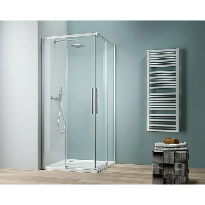 Camargue Eckdusche Tampere - 90 x 90 x 195 cm, Unbeschichtet, Silberglanz, Glasstärke: 6 mm - Duschkabine mit zwei Türen und Handtuchwärmer im modernen Badezimmer.