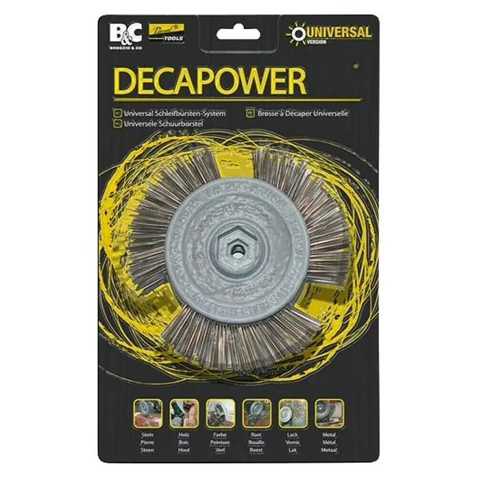 Schleifbürste Decapower - Geeignet für: Harte Metalle, Passend für: Bohrmaschinen - Abbildung einer DECAPOWER Universal Schleifbürste, ein Werkzeug zum Entfernen von Farbe, Rost und anderen Materialien.