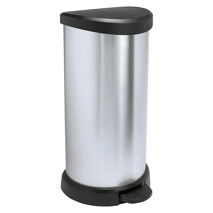 Curver Cubo con pedal - 40 l, Plástico, Plateado metálico - Imagen de un elegante cubo de basura redondo de acero inoxidable con tapa negra y pedal para una eliminación higiénica.