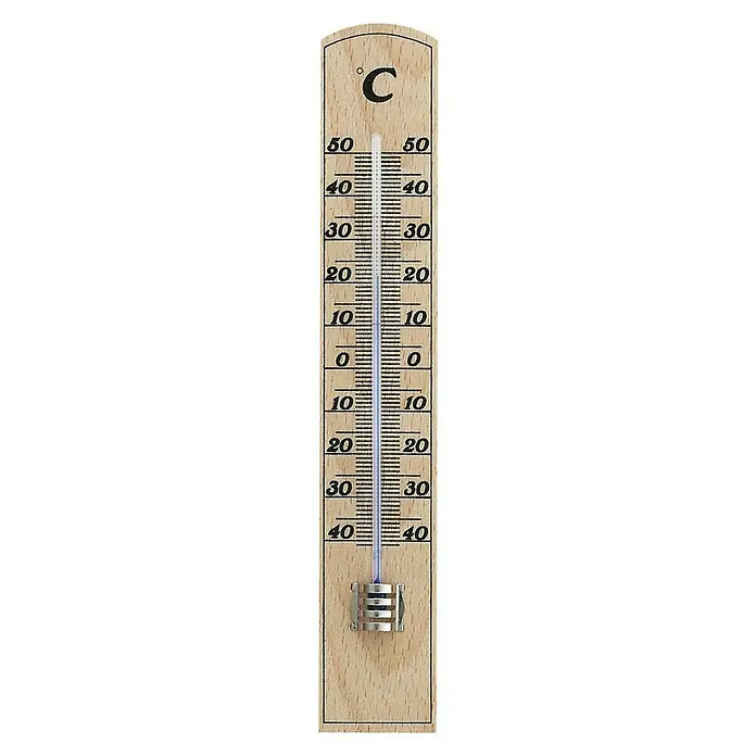 TFA Dostmann Termómetro para interior - Analógico, L x An x Al: 35 x 15 x 206 mm, Haya - Primer plano de un termómetro de madera con escala Celsius, que muestra una temperatura ligeramente superior a 40 grados.