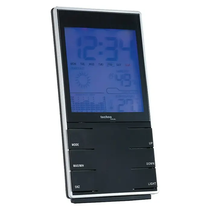 Wetterstation WS 9120 - Digital, Breite: 75 mm - Eine digitale Wetterstation von Techno Line mit Anzeige von Uhrzeit, Datum, Temperatur und Luftfeuchtigkeit.