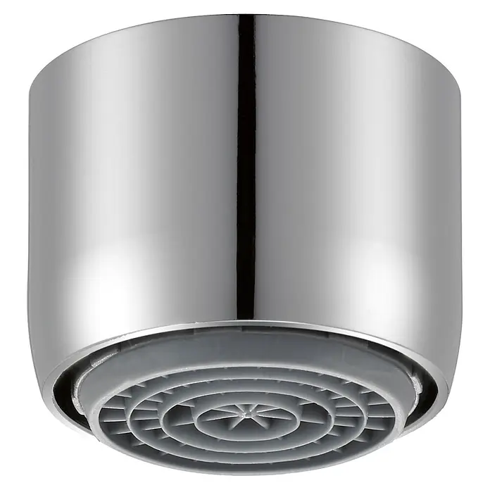 Neoperl Cascade SLC Wassersparstrahlregler - M 22, 1 Stk., 5 l/min, Chrom - Nahaufnahme eines verchromten Wasserhahn-Luftsprudlers mit grauer Düse, der für einen weichen Wasserstrahl sorgt.