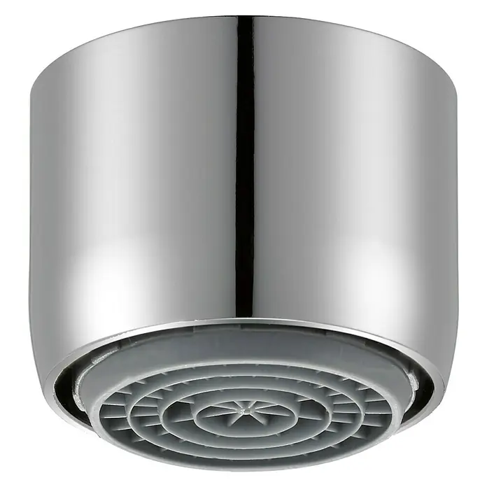 Neoperl Cascade SLC Wassersparstrahlregler - M 22, 1 Stk., 5 l/min, Chrom - Nahaufnahme eines verchromten Wasserhahn-Luftsprudlers mit grauer Düse, der für einen weichen Wasserstrahl sorgt.