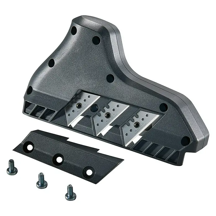Wolfcraft Canteadora triple - Número de cuchillas de cepillo: 3 ud., Apto para: Placas de yeso laminado - Primer plano de un cortador de alfombras con tres cuchillas, una cubierta y tornillos, que muestra su funcionalidad y componentes.