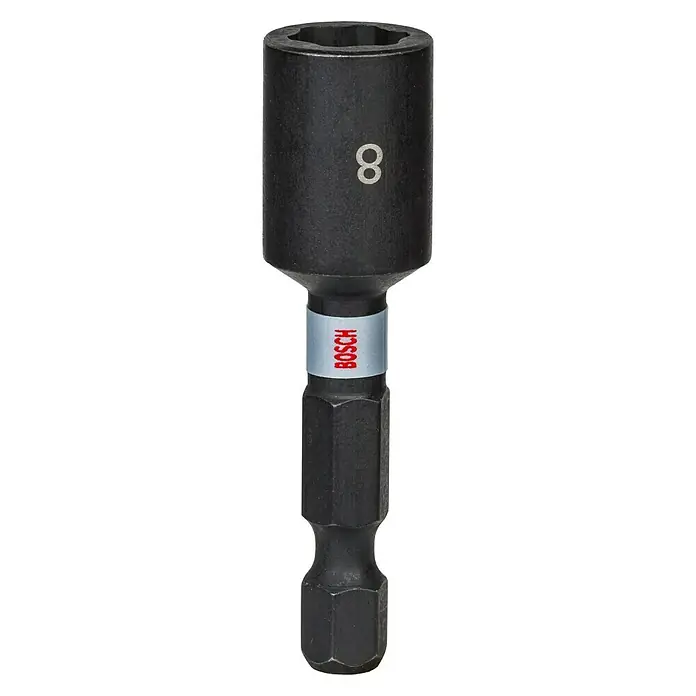 Bosch Steckschlüsseleinsatz - Schlüsselweite: 8 mm, Antriebsgröße: ¼″ Außensechskant - Nahaufnahme eines Bosch-Nussknackers mit magnetischem Sechskant-Bit, ideal für Schraubarbeiten.