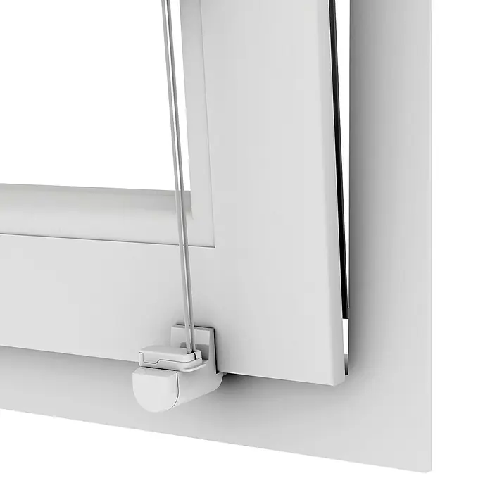 Expo Ambiente Klemmträger - 4 Stk., Geeignet für: Verspannte Plissees, Weiß - Nahaufnahme einer weißen Fensterjalousie mit Zugschnüren und zugehöriger Halterung, die zur Bedienung der Jalousie dient.