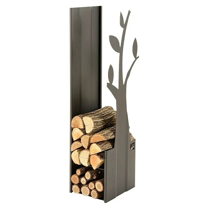Holzkorb Albero N - 30 x 33 x 110 cm, Stahl, Schwarz - Brennholzregal aus Metall in Anthrazit mit Baumdesign. Praktische und dekorative Aufbewahrung für Kaminholz im Innen- und Außenbereich.