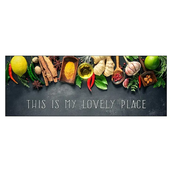 ProArt Kitchen Glasbild - This Is My Lovely Place II, B x H: 125 x 50 cm - Kräuter, Gewürze und Zitrusfrüchte auf dunklem Untergrund. "This is my lovely place" Schriftzug, ideal für Küche oder Esszimmer.