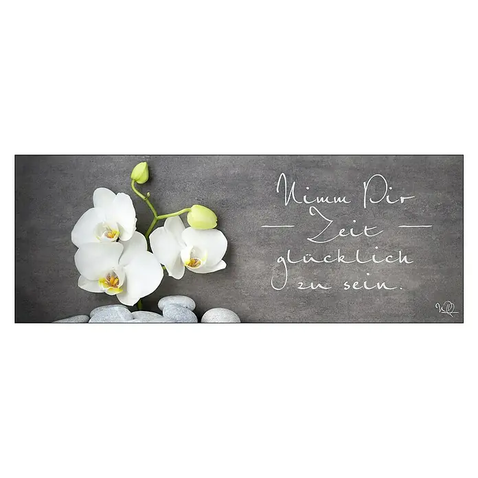 ProArt Glasbild - Wellness Slogan I, B x H: 80 x 30 cm - Dekoratives Wandbild mit Orchideenblüten und Steinen auf grauem Hintergrund mit dem Schriftzug "Nimm Dir Zeit glücklich zu sein".