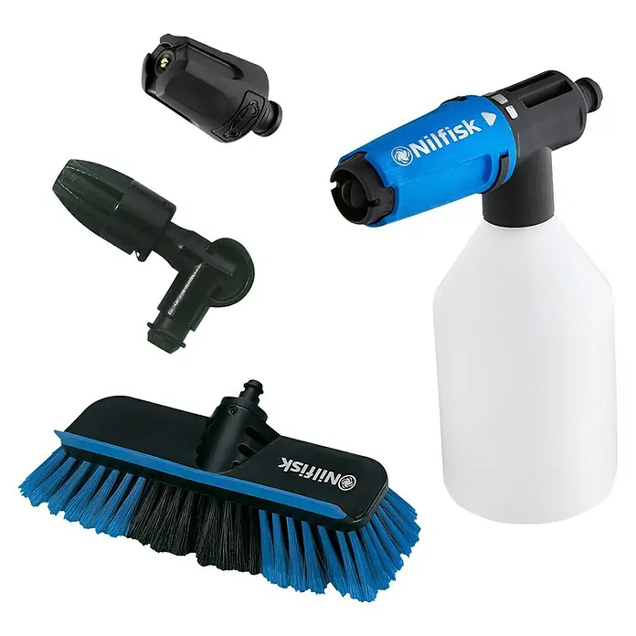 Nilfisk Click & Clean Fahrzeugset - 4 -tlg. - Bild von Nilfisk Zubehörteilen für Hochdruckreiniger, einschließlich Düsen, Bürsten und Schaumsprüher.