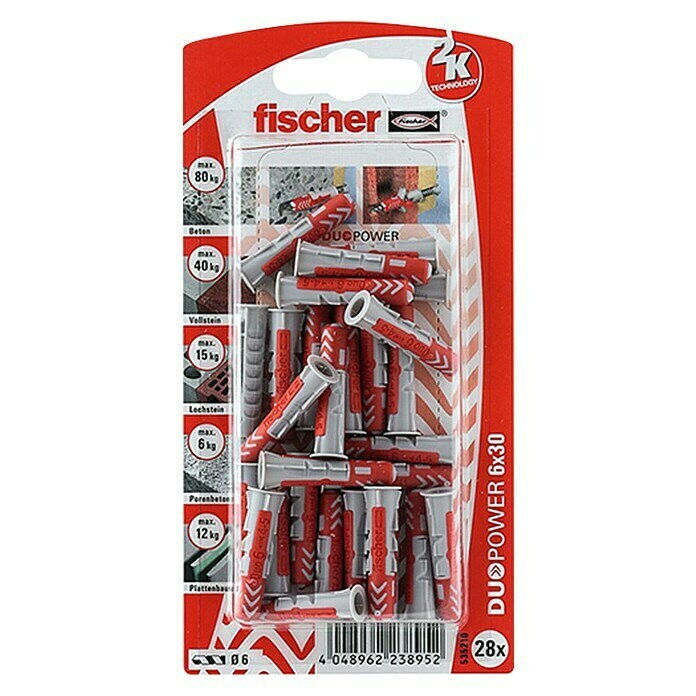 Fischer Universaldübel Duopower (Durchmesser Dübel: 6 mm, Länge Dübel: 30 mm, 28 Stk., Mit Rand, Alle Baustoffe)
