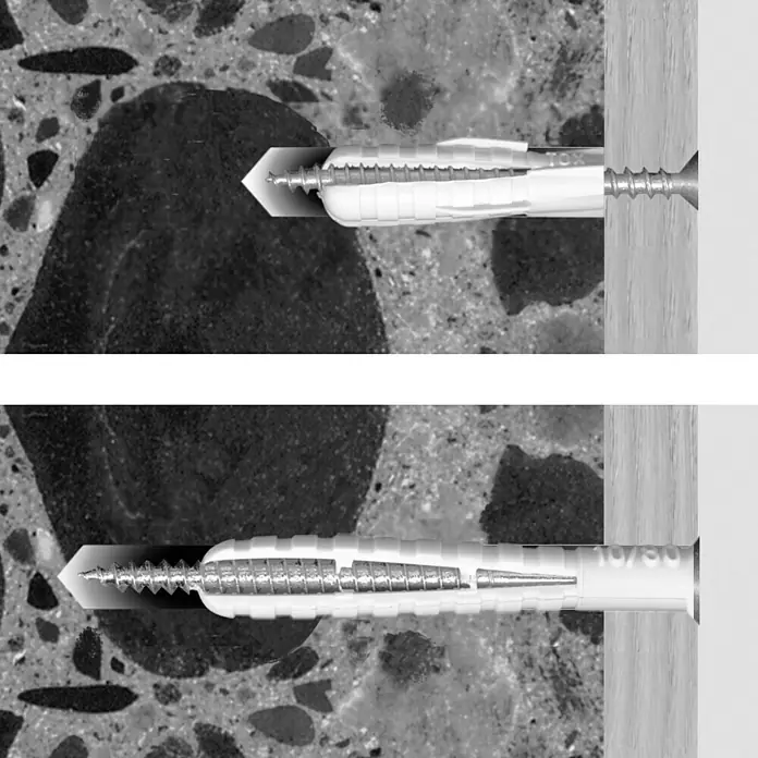 Stabilit Spreizdübel - Durchmesser Dübel: 14 mm, Länge Dübel: 70 mm, 4 Stk. - Das Bild zeigt eine Nahaufnahme eines Dübels mit Schraube in einer Wand. Der Dübel sorgt für sicheren Halt im Mauerwerk.