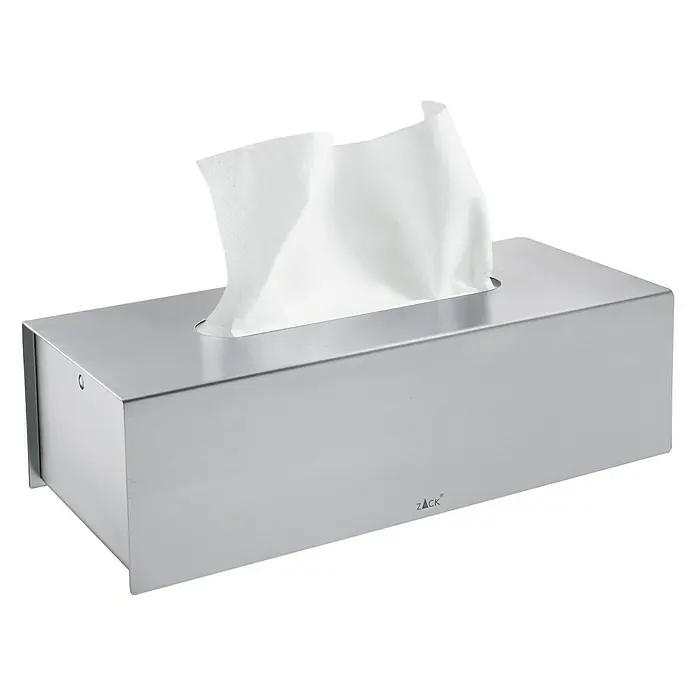 Zack Kosmetiktuchbox Puro - 11,5 x 25 x 7,5 cm, Edelstahl, Matt - Ein schlichter, rechteckiger ZACK Tissue-Box-Spender aus gebürstetem Edelstahl mit weißen Taschentüchern, die herausragen.