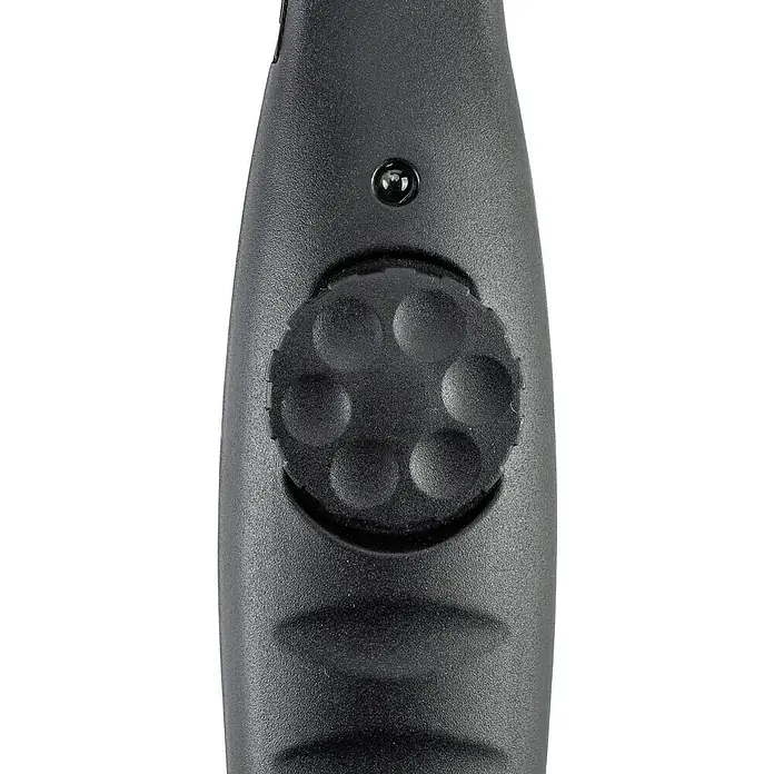 Profi Depot LED-Arbeitsleuchte Slim - Länge: 380 mm, Li-Ionen - Nahaufnahme eines schwarzen Geräts mit einem runden Knopf mit fünf erhabenen Punkten zur Steuerung, möglicherweise ein Einstellknopf.