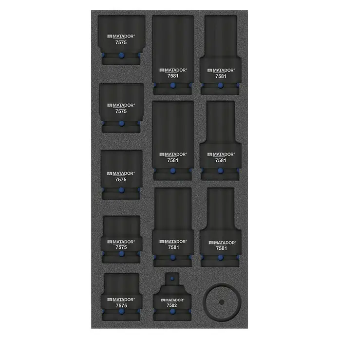 Matador Tool System Kraft-Steckschlüssel-Set - 14 -tlg. - Das Bild zeigt ein Set Matador Steckschlüsseleinsätze (7575, 7581, 7582) in einer Schaumstoffeinlage, ideal für Werkstatt und Montage.