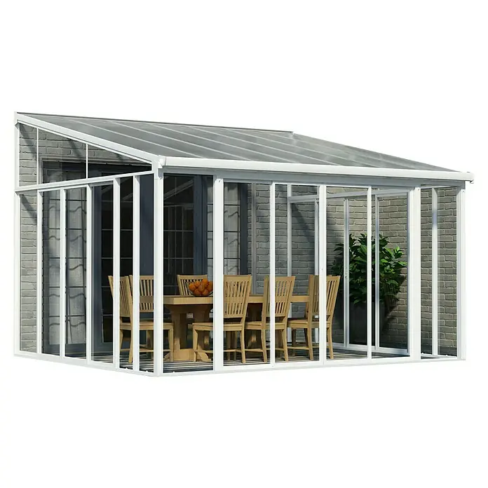 Palram – Canopia Porche acristalado San Remo - An x Pr x Al: 4,25 x 4 x 3,1 m, Blanco tráfico - Una elegante cubierta de patio con marcos blancos y techo transparente, que ofrece una elegante zona de comedor al aire libre.