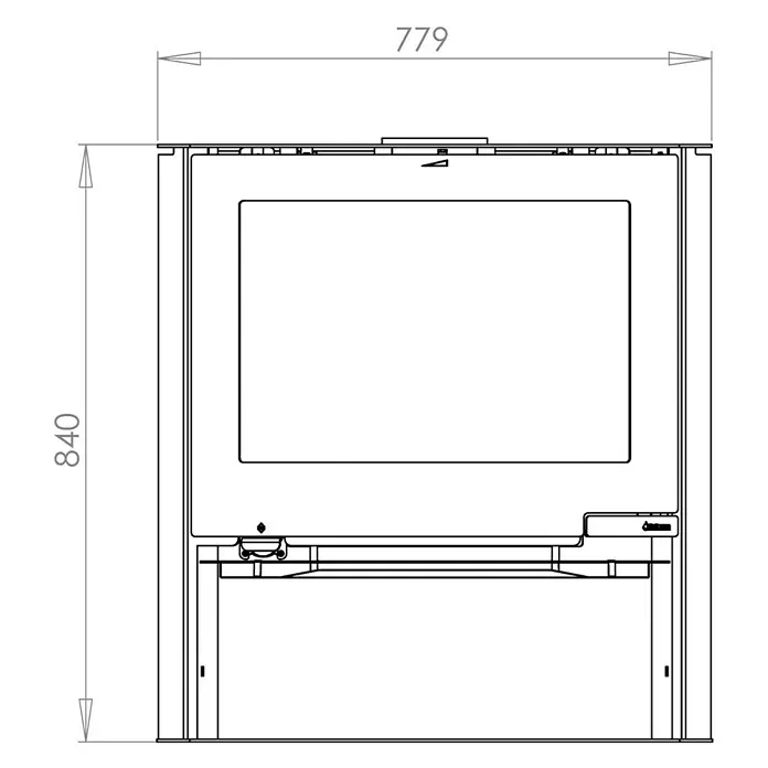 Aduro Kaminofen 15-2 - 6,5 kW, Raumheizvermögen: 334 m³, Material Verkleidung: Stahl, Schwarz - Abbildung eines Ofens mit den Maßen 779 x 840.